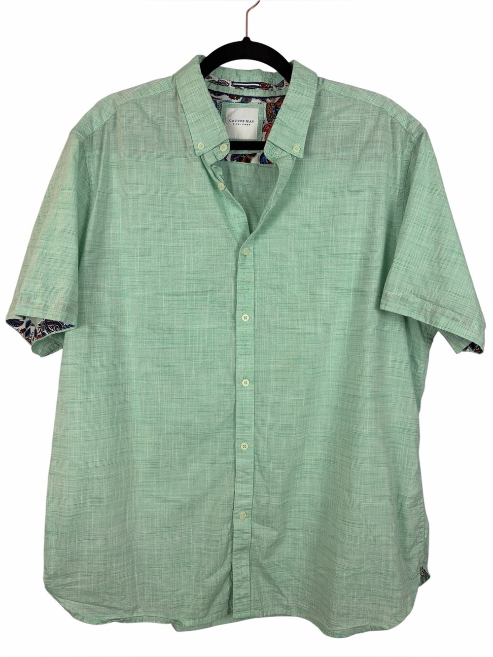 Cactus Man Ricky Singh 100% Cotton Button Down Shirt XL Mint Green Paisley Trim